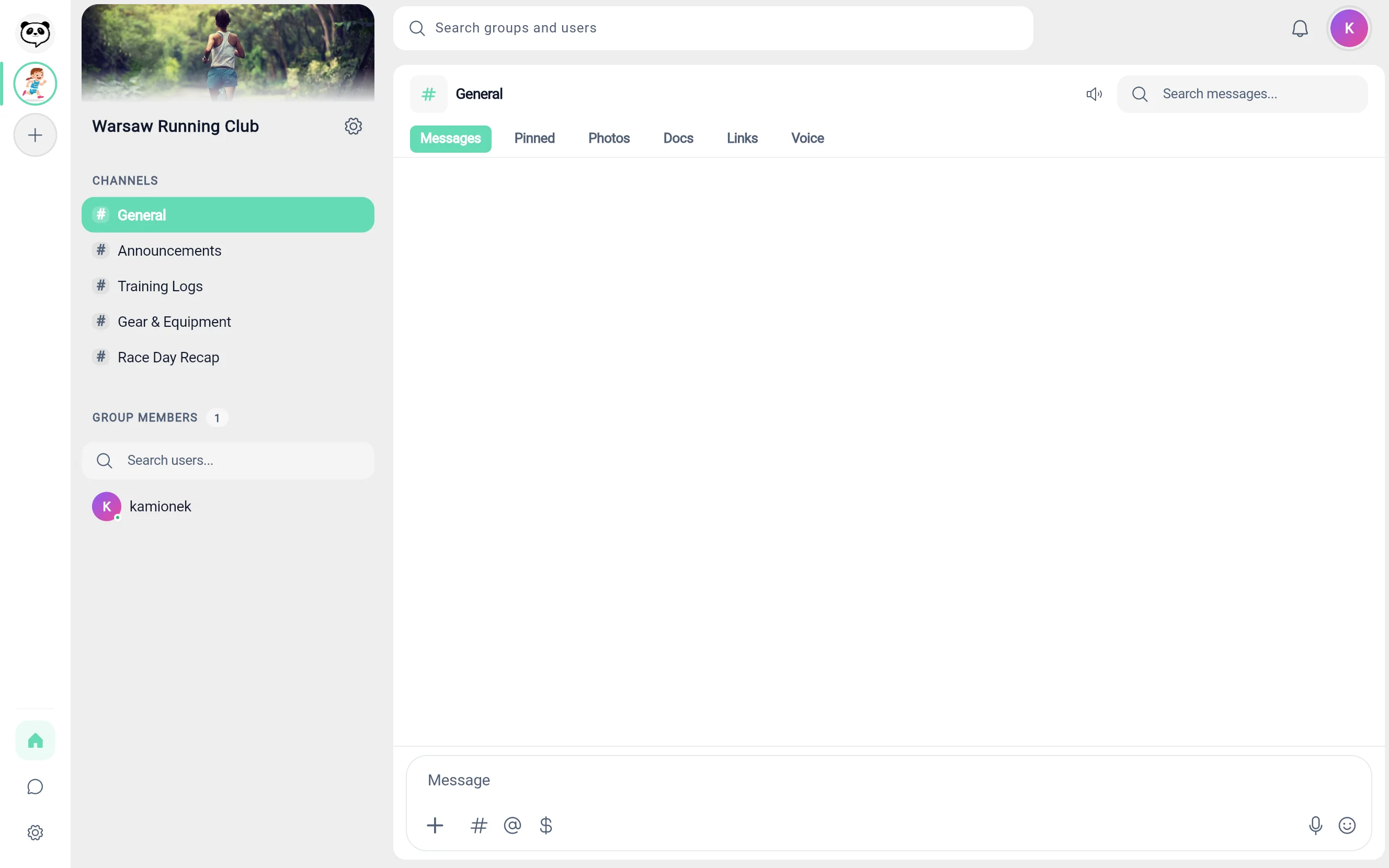 Groupanda web app showing a new workspace with channels in the sidebar and a chat view.