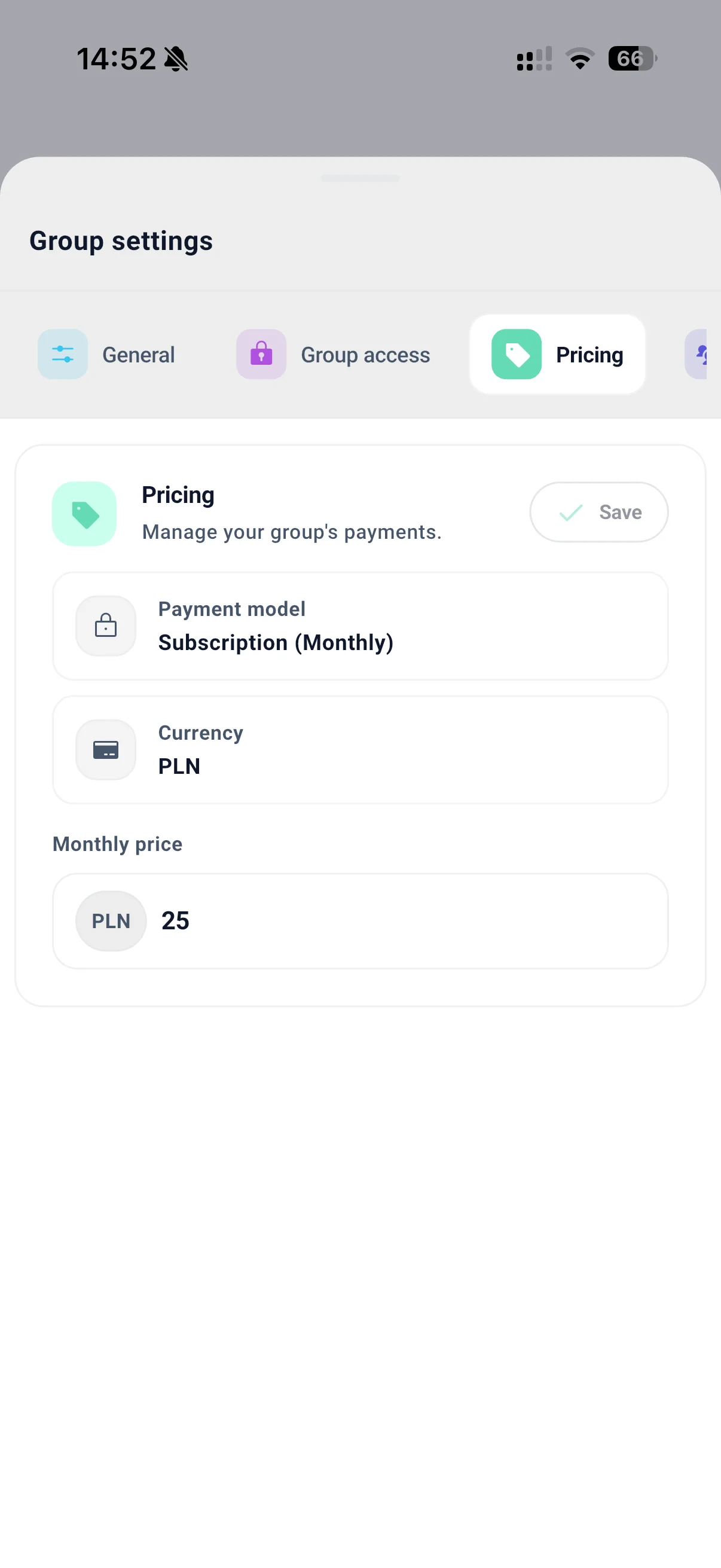 Groupanda phone app showing a group's subscription and billing view with price, active subscribers, and Stripe payouts.